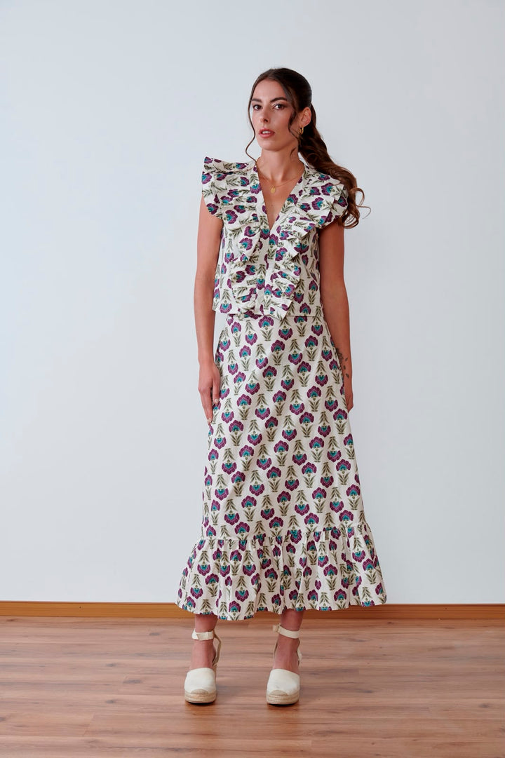 FALDA MIDI CON VOLANTE