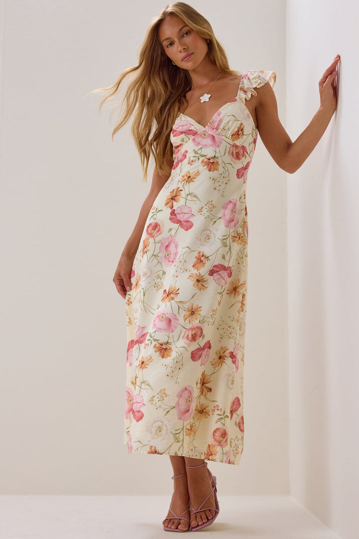 VESTIDO MAXI FLORAL CON VOLANTES