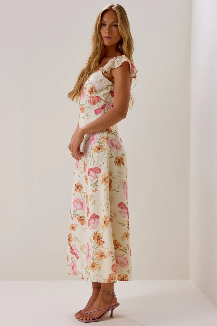 VESTIDO MAXI FLORAL CON VOLANTES