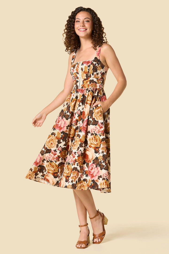 VESTIDO MIDI FLORAL MARRÓN