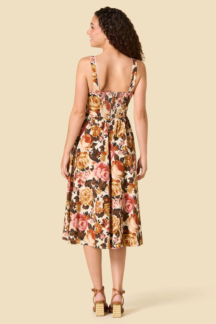 VESTIDO MIDI FLORAL MARRÓN